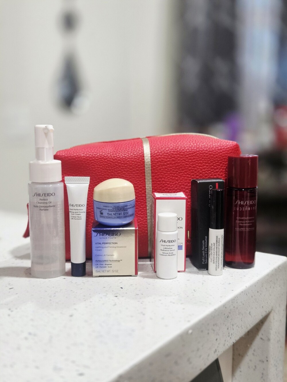 Shiseido Vital Perfection Skincare Set With Red Cosmetic Bag